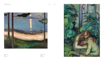 Eine Doppelseite aus einem Kunstbuch über Edvard Munch, die zwei seiner Gemälde zeigt. Links das Bild Mondschein, eine Küstenlandschaft bei Nacht. Rechts das Bild Vampir im Wald, auf dem zwei Figuren in einem dichten grünen Wald zu sehen sind.