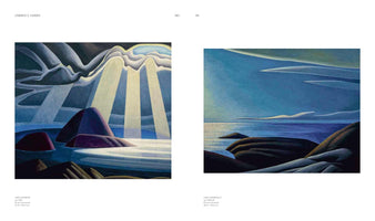 Eine Buchseite mit zwei stilisierten Landschaftsgemälden des Lake Superior von Lawren S. Harris. Links brechen Sonnenstrahlen durch dunkle Wolken auf lila Felsen im Wasser. Rechts eine ruhige Ansicht des Sees mit glatten Felsen im Vordergrund unter einem weiten blauen Himmel mit schlanken Wolken.