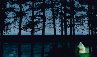 Ein Gemälde, das eine Reihe dunkler Kiefernsilhouetten vor einem dämmrigen blauen Himmel zeigt. Darunter befindet sich eine dunkle Wasserfläche, in der sich die Bäume spiegeln. Am rechten Ufer steht ein kleines, weißes Haus, das hell erleuchtet ist und grünes Licht auf seine Umgebung wirft.