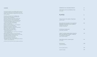 Aufgeschlagener Ausstellungskatalog. Links eine Dankes- und Leihgeberliste unter der Überschrift Lenders. Rechts das Inhaltsverzeichnis mit Kapiteln wie Northern Lights, Plates und Biographies und den zugehörigen Seitenzahlen auf hellblauem Hintergrund.