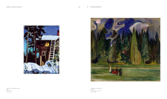 Eine Buchdoppelseite mit zwei Gemälden. Links, von Akseli Gallen-Kallela, ein verschneites Holzhaus bei Nacht mit einem beleuchteten Fenster. Rechts, von Edvard Munch, eine Gruppe Kinder auf einer Wiese vor einem dunklen, stilisierten Wald unter einem turbulenten Himmel.