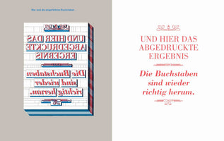 Infografik zum Buchdruck: Links ein Druckstock mit eingefärbten, spiegelverkehrten Buchstaben. Rechts das gedruckte Ergebnis, bei dem der Text richtig herum lesbar ist: Und hier das abgedruckte Ergebnis. Die Buchstaben sind wieder richtig herum.