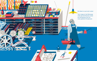 Illustration eines Druckers, der in seiner Werkstatt aufräumt. Der Mann trägt eine Schürze, einen roten Werkzeugkoffer und eine Ölkanne. Im Hintergrund stehen eine Druckpresse und ein Schrank mit Setzkästen. Die Szene ist in kräftigen Blau-, Rot- und Gelbtönen gehalten.