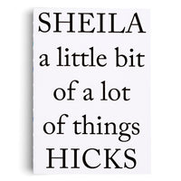Weißes Cover eines Buches mit dem Titel in schwarzer Serifenschrift: SHEILA a little bit of a lot of things HICKS.