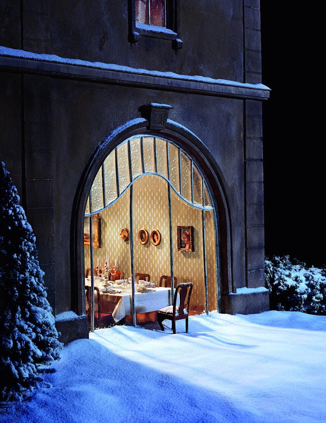 Eine nächtliche Szene im Winter. Durch eine große, gewölbte Glastür blickt man von einer schneebedeckten Landschaft in ein warm erleuchtetes Esszimmer. Im Inneren steht ein festlich gedeckter Tisch, doch der Schnee reicht bis in den Raum hinein, wo ein einzelner leerer Stuhl im Vordergrund steht.