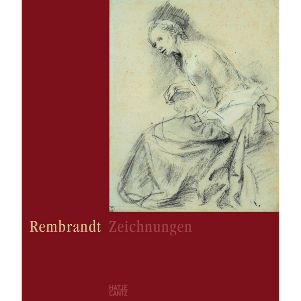 Das Buchcover von Rembrandt Zeichnungen zeigt eine Skizze einer sitzenden Frau neben dem Titel auf einem weinroten Hintergrund.
