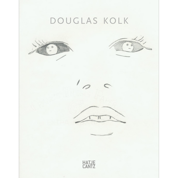 Eine Bleistiftzeichnung eines Gesichts auf dem Cover von Douglas Kolk, mit kleinen, einfachen Gesichtern, die in die Pupillen gezeichnet sind.