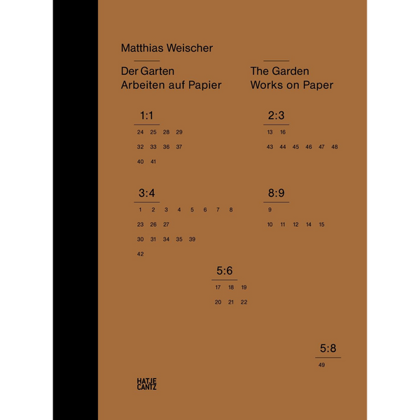 Das Buchcover von Matthias Weischer, Der Garten, Arbeiten auf Papier. Das Design ist zweigeteilt, links schwarz, rechts orangebraun. Auf der rechten Seite stehen der Titel und listenartig angeordnete Zahlen.