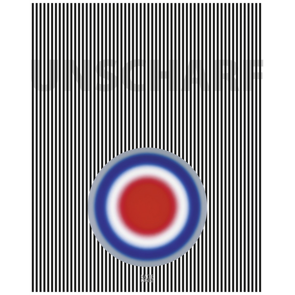 Das Cover eines Buches zeigt eine große, unscharfe Zielscheibe in Rot, Weiß und Blau vor einem Hintergrund aus vertikalen schwarzen und weißen Streifen, die eine optische Täuschung erzeugen.