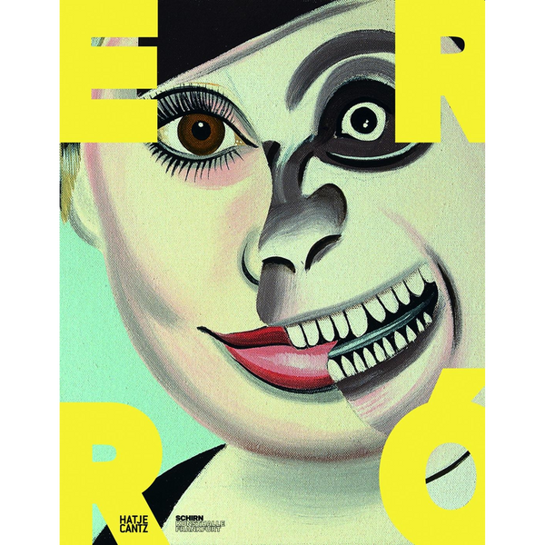 Gemälde eines grotesken Gesichts mit ungleichen Augen und einem breiten, zähnezeigenden Grinsen, das von großen gelben Buchstaben überlagert wird.