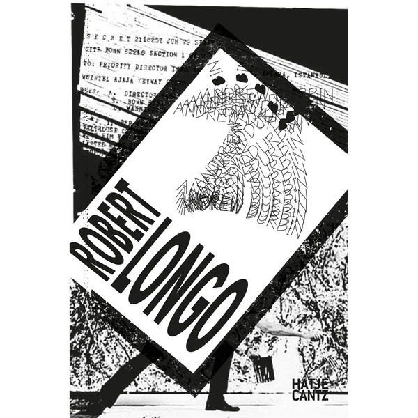 Ein schwarz-weißes, collageartiges Buchcover mit dem Namen Robert Longo in großen Buchstaben.