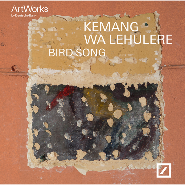 Eine Nahaufnahme von abblätterndem Putz auf einer orangefarbenen Wand. Der obere Teil des Putzes ist ockerfarben, der untere dunkel und fleckig. Darüber steht in weißer Schrift: Kemang Wa Lehulere, Bird Song.