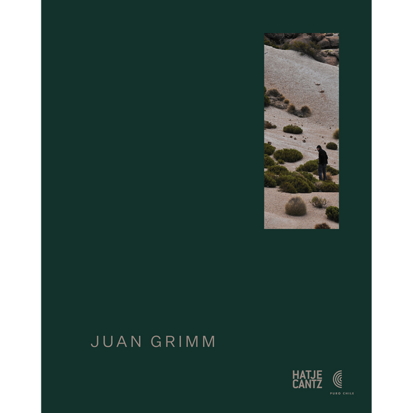 Ein dunkelgrünes Buchcover mit dem Titel Juan Grimm und einem Foto einer Person, die in einer kargen, felsigen Landschaft steht.