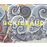 Eine detailreiche Illustration einer Figur in roten Gewändern, die inmitten von wirbelnden Sturmwolken, Blitzen und fallenden Federn schwebt. Über der Szene steht in großen, gelben Buchstaben das Wort BARIBEAUD.