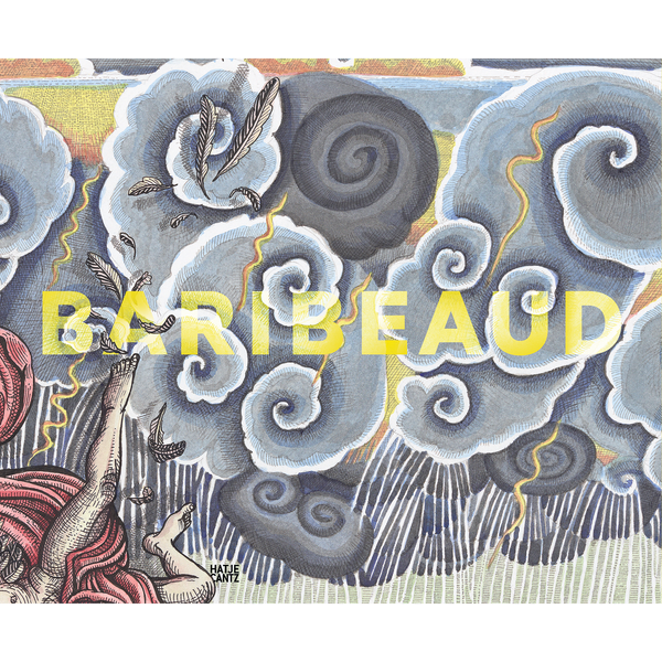 Eine detailreiche Illustration einer Figur in roten Gewändern, die inmitten von wirbelnden Sturmwolken, Blitzen und fallenden Federn schwebt. Über der Szene steht in großen, gelben Buchstaben das Wort BARIBEAUD.