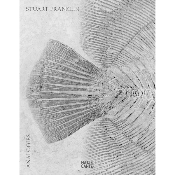Das schwarz-weiße Cover des Buches Analogies von Stuart Franklin zeigt eine detaillierte Nahaufnahme des versteinerten Schwanzes eines Fisches.