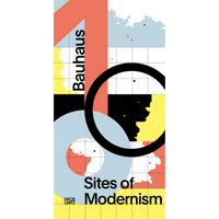 Ein abstraktes Buchcover im Bauhaus-Stil mit dem Titel Sites of Modernism. Es zeigt eine Collage aus geometrischen Formen und kartenartigen Fragmenten in Rot, Gelb und Hellblau auf einem Gitter.