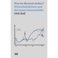Buchcover von Dirk Bolls Was ist diesmal anders?. Eine Grafik zeigt den Verlauf des NASDAQ-Index und des Kunstmarktes. Letzterer ist als blaue Welle dargestellt, auf der eine Person surft.