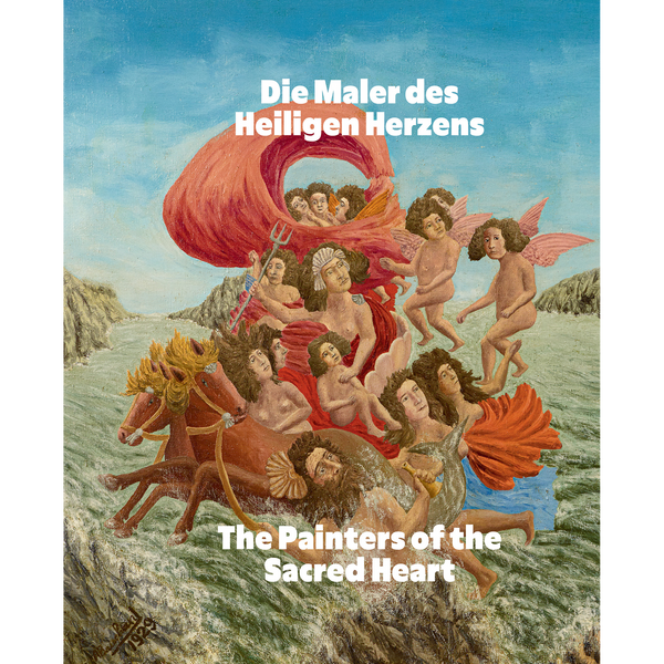 Ein naives Gemälde einer Gruppe von mythologischen Figuren und Engeln, die in einem von Pferden gezogenen Wagen durch das Wasser reiten.