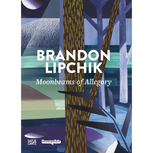 Das Buchcover von Brandon Lipchik, Moonbeams of Allegory, zeigt eine abstrakte, nächtliche Landschaft mit stilisierten Bäumen in Blau-, Violett- und Grüntönen.