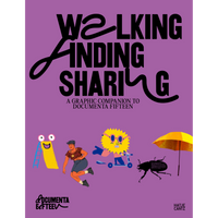 Ein lilafarbenes Buchcover mit dem Titel Walking Finding Sharing. Darunter marschiert eine Reihe von bunten Comicfiguren, darunter eine Person, eine Sonne auf einem Roller und ein Käfer mit einem Regenschirm.