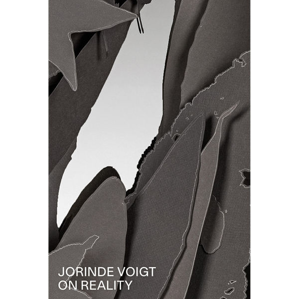 Ein abstraktes, schwarz-weißes Kunstwerk aus geschichtetem, zackig geschnittenem Papier. Unten links steht der weiße Text Jorinde Voigt, On Reality.
