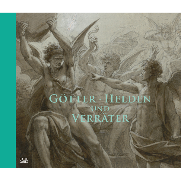 Eine klassische, skizzenhafte Zeichnung von geflügelten, muskulösen mythologischen Figuren auf dem Buchcover Götter, Helden und Verräter.