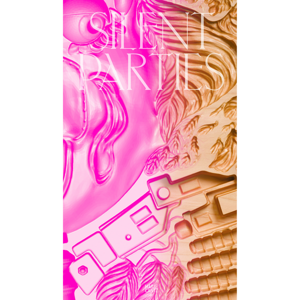 Ein reliefartiges Cover in einem Farbverlauf von Pink zu Orange, das abstrakte mechanische und organische Formen zeigt. Darüber steht in weißer Schrift der Titel Silent Parties.