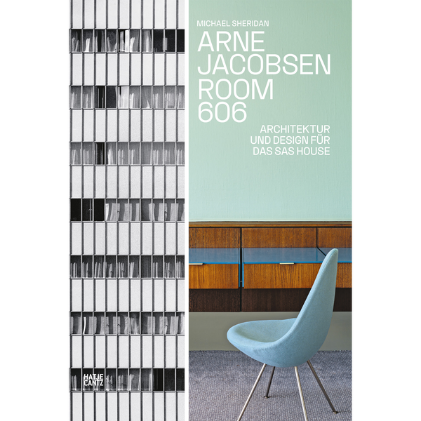 Das zweigeteilte Cover des Buches Arne Jacobsen Room 606 zeigt links eine schwarz-weiße Fassade und rechts einen hellblauen Stuhl in einem Raum vor dem Buchtitel auf mintgrünem Grund.
