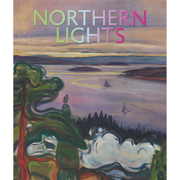 Expressionistisches Gemälde einer Küstenlandschaft bei Dämmerung mit Segelbooten auf dem Wasser. Darüber der Titel Northern Lights in bunten Buchstaben.