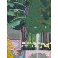Ein indisches Gemälde als Buchcover für Ragamala, das eine Person in einem gelben Gewand zeigt, die in einem üppigen Garten mit einem Brunnen eine Rose hält.