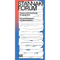Ein Buchcover für Stannaki Forum. Der Titel ist in großen, weißen, geschichteten Buchstaben vertikal auf einem rot-blauen Farbverlauf dargestellt. Darunter steht Kunst und Forschung im Gespräch sowie Art and Research in Conversation.