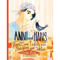 Buchcover von Anni und Hans: Eine künstlerische Illustration einer Person mit einem gepunkteten Kopftuch blickt auf einen kleinen blauen Vogel, der auf einem roten Faden sitzt.