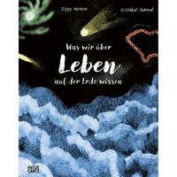 Illustriertes Buchcover von Was wir über Leben auf der Erde wissen. Es zeigt einen Nachthimmel mit Himmelskörpern über einem stürmischen, blauen Meer.
