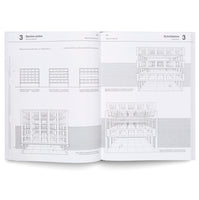 Ein aufgeschlagenes Fachbuch über Architektur, das auf seinen Seiten verschiedene technische Zeichnungen und Diagramme von mehrstöckigen Rahmen-Tragwerken zeigt, mit Beschriftungen in deutscher und englischer Sprache.