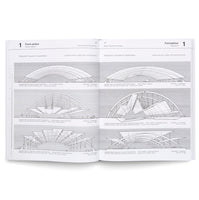 Ein aufgeschlagenes Fachbuch liegt auf einer weißen Oberfläche und zeigt eine Doppelseite mit architektonischen Skizzen. Die Seiten sind mit Form-active und Formaktive überschrieben und enthalten sechs detaillierte Schwarz-Weiß-Zeichnungen von Bogen-Tragwerksystemen mit Beschriftungen in deutscher und englischer Sprache.