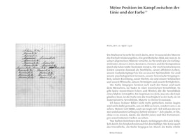 Eine Doppelseite aus einem Buch. Links eine Abbildung von kariertem Papier, auf dem das Wort Humilité mehrfach in Schreibschrift geschrieben steht. Rechts ein deutscher Text mit der Überschrift Meine Position im Kampf zwischen der Linie und der Farbe und dem Datum Paris, den 16. April 1958.