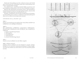 Eine Doppelseite aus einem Buch von Yves Klein. Links ist ein Text über Architektur mit Luftdächern. Rechts sind drei technische Zeichnungen, beschriftet als Fig. A, B und C, die die Konzepte von Luftdächern, vernetzten Stadtpunkten und einem Stadion illustrieren.