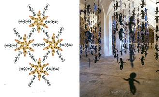 Eine Doppelseite aus einem Kunstkatalog. Links eine Collage mit dem Titel Amazing Amazon Stars, 1999, die vier sternförmige Muster aus Frauen in goldenen Bikinis und TIE-Fightern aus Star Wars zeigt. Rechts eine Fotografie einer Kunstinstallation mit dem Titel Boggroup, 1999, bei der Hunderte von schwarzen, schwerttragenden Baby-Silhouetten von einer Gewölbedecke hängen.