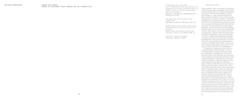 Eine Doppelseite aus einem Buch mit schwarzem Text auf weißem Grund. Die linke Seite, Seite 8, zeigt oben den Namen Matthias Pasdzierny und den Titel Inside the Studio: Spaces of Electronic Music Production—An Introduction. Darunter befinden sich vier kurze, eingerückte Absätze. Der Rest der Seite ist größtenteils leer. Die rechte Seite, Seite 9, hat die Überschrift Mixing in Zone und ist fast vollständig mit einem Textblock gefüllt.