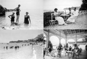Eine Schwarz-Weiß-Fotomontage aus vier Bildern, die Szenen aus einem Seebad der 1920er Jahre zeigen: Oben links stehen drei Personen in Badekleidung im Wasser, oben rechts sitzen drei Personen an einem Tisch im Freien am Meer, unten links eine belebte Strandszene und unten rechts Menschen in einem eleganten Pavillon.