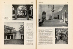 Eine schwarz-weiße Doppelseite aus der Vogue-Ausgabe vom 29. März 1930 mit dem Titel ON THE RIVIERA. Die Seite enthält vier Fotos und Text über eine Villa. Die Bilder zeigen einen sonnigen Innenhof mit Säulengang, das Äußere der Villa, eine geräumige Eingangshalle mit Kronleuchter und einen Gartenweg, der zum Haus führt.