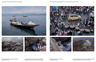 Eine Fotocollage mit sechs Bildern, die das Leben von Fischern in der Demokratischen Republik Kongo zeigen. Oben links fahren Fischer in einem Kanu auf einem See. Oben rechts ist eine belebte Straßenszene mit Frauen, die Fisch verkaufen. Unten links liegen Kanus auf einem Haufen Plastikmüll. Daneben sitzt ein Mann bei seinen Kindern und sortiert seine Netze. Das nächste Bild zeigt einen Fischer, der auf seinen Netzen schläft. Unten rechts ist eine Luftaufnahme eines Staudamms an einem Fluss.