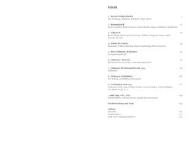 Das Inhaltsverzeichnis eines Buches in deutscher Sprache. Es zeigt eine Gliederung in nummerierte Kapitel, beginnend mit Aus der Frühgeschichte, über Kosmologisch und Tellurisch bis zu mehreren Kapiteln, die sich mit dem Werk von Uhlmann befassen. Den Abschluss bilden eine Nachbemerkung und ein Anhang mit Literatur- und Bildnachweis.