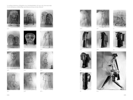 Doppelseite eines Kunstkatalogs, Seiten 114 und 115, mit 26 nummerierten Schwarz-Weiß-Fotografien von abstrakten Draht- und Metallskulpturen von Hans Uhlmann, die kubistische Köpfe und Figuren darstellen.