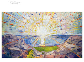 Das expressionistische Gemälde Die Sonne von Edvard Munch zeigt eine gleißend helle Sonne, die über einem Fjord aufgeht. Lange, dicke Strahlen in Gelb, Orange, Rot und Blau füllen den gesamten Himmel. Schroffe, dunkle Felsen rahmen die Szene im Vordergrund ein, mit einer kleinen grünen Wiese dazwischen.