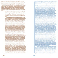 Eine Doppelseite eines Buches mit Text in zwei Spalten, links auf Englisch und rechts auf Deutsch, in dem rassistische Stereotypen und die historische Darstellung Schwarzer Männer analysiert werden.