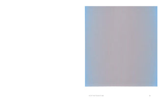 Eine Seite aus einem Kunstkatalog, auf der rechts ein großes, quadratisches, abstraktes Gemälde abgebildet ist. Die Farbflächenmalerei hat einen sanften Farbverlauf von Hellblau an den Rändern zu einem gräulich-lila Ton in der Mitte. Darunter steht der Titel LICHT DES TAGES II, 2005 und die Seitenzahl 31.