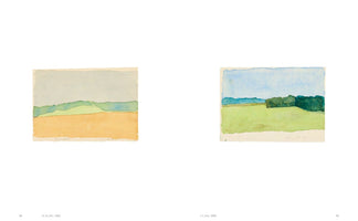 Eine Buchdoppelseite mit zwei kleinen, nebeneinander liegenden Aquarell-Landschaftsgemälden. Das linke Bild zeigt ockerfarbene, grüne und graue horizontale Farbflächen. Das rechte Bild zeigt ein hellgrünes Feld mit dunkelgrünen Bäumen am Horizont unter einem blauen Himmel.