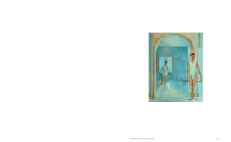 Ein Gemälde, das zwei Turner in einer blauen Halle mit Bögen zeigt. Im Vordergrund steht ein Turner in einem weißen Anzug und hält eine Stange. Im Hintergrund ist ein zweiter Turner von hinten zu sehen, der vor einem Fenster steht.